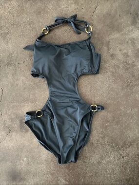 Robin Piccone Dark Grey Cutout One-Piece Swimsuit with Gold Rings